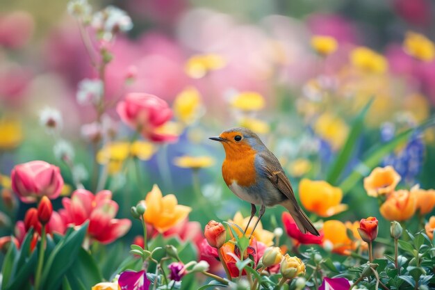 自然の調和 ロビンが花に満ちた春の庭で朝食を探す