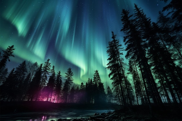 Natures light show trees silhouetted beneath the purple and green aurora