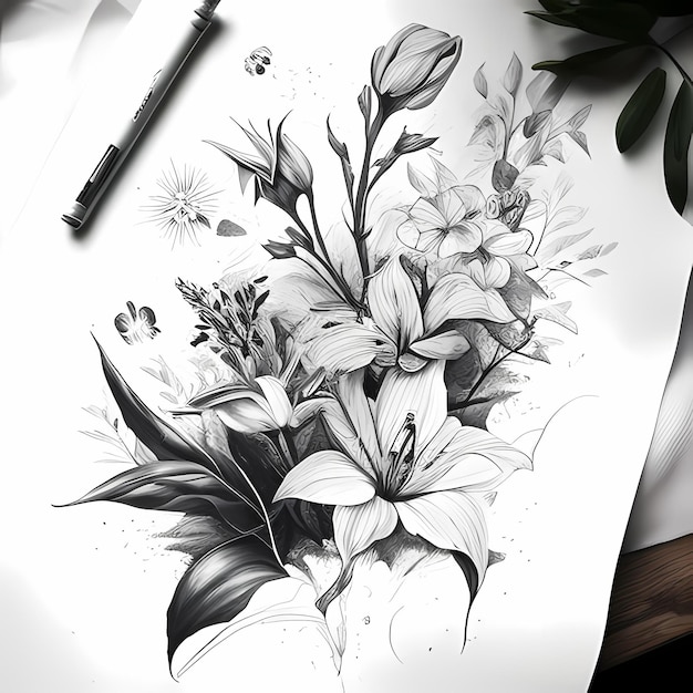 Photo natures masterpiece detailed and realistic lily flower tattoo on paper