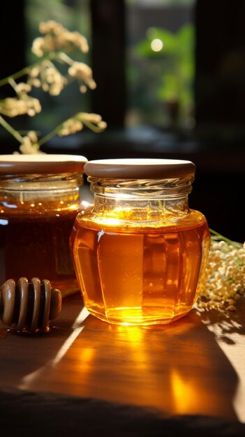 Natures nectar captured closed jar of fresh honey rests on rustic wood vertical mobile wallpaper