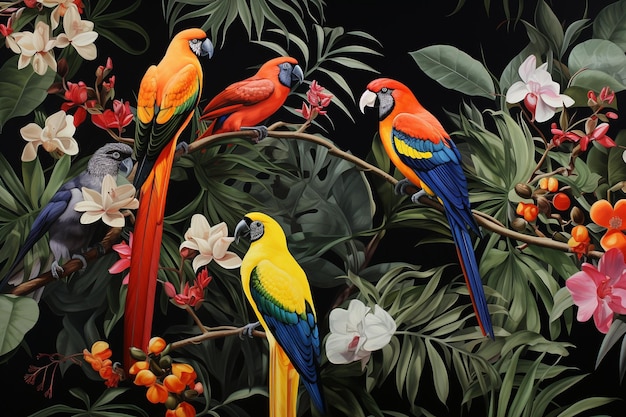 Natures Palette Realistic Tropical Leaves and Birds