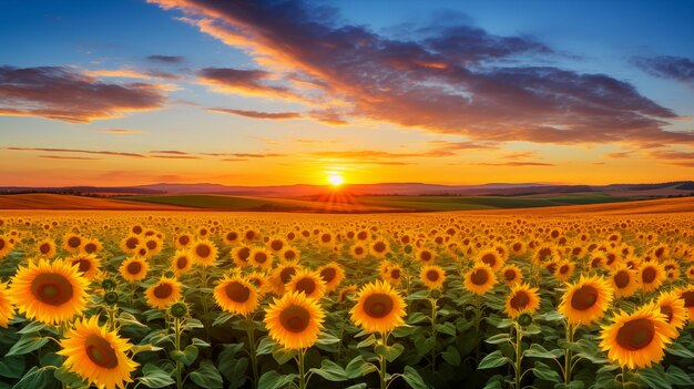 Natures palette a sunset kissed sunflower landscape in photographic splendor