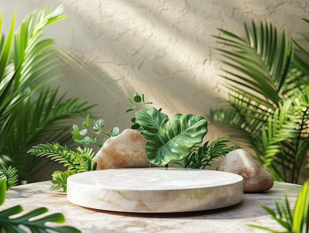 Natures Pedestal Marble Display Stand Amidst Lush Greenery for Organic Product Showcasing