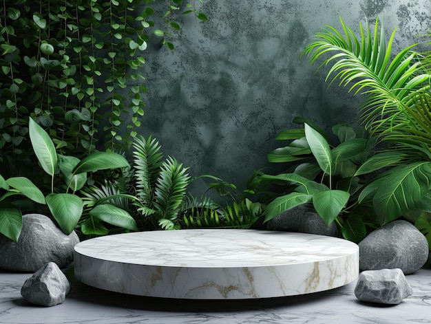 Photo natures pedestal marble display stand amidst lush greenery for organic product showcasing