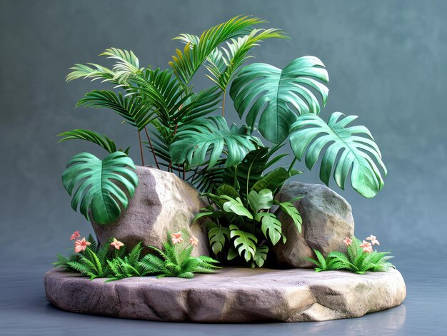 Гладкий подиум Natures Pedestal на фоне джунглей с 3D-рендерингом Monstera для презентации органического продукта