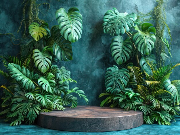 Natures Pedestal Sleek Podium Against Jungle Backdrop with Monstera 3D Render for Organic Product Presentation