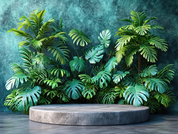 Natures Pedestal Sleek Podium Against Jungle Backdrop with Monstera 3D Render for Organic Product Presentation