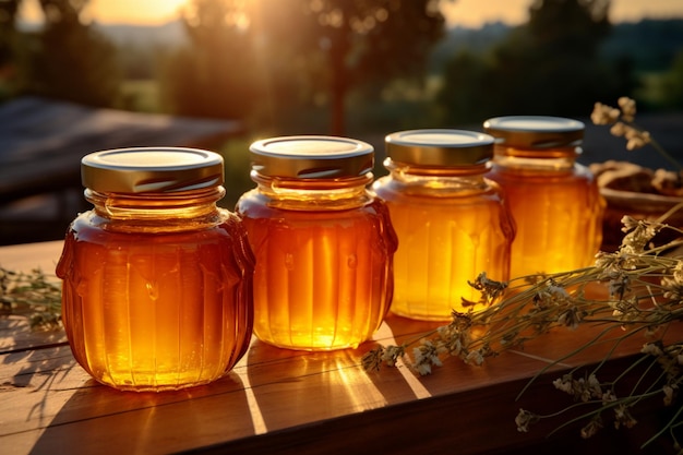 Natures riches showcased on wooden table golden honey jars in open air