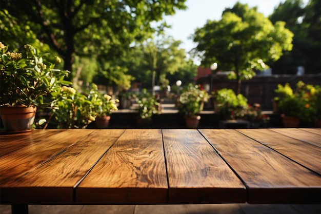 Natures showcase Leegstaande houten tafel in het park, klaar voor productpresentaties te midden van het groen