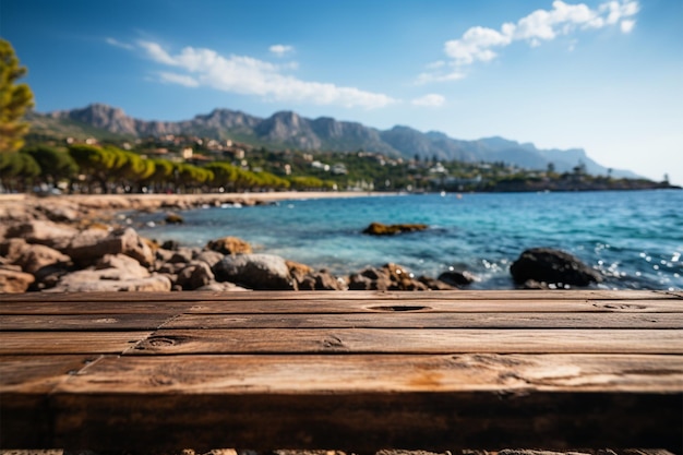 Natures stage Blurred sea island backdrop frames wooden table under azure sky