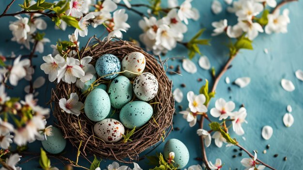 ネイチャーズ・シンフォニー 紺碧のキャンバスの鮮やかな花々の中で生命を抱きしめる繊細な鳥の巣