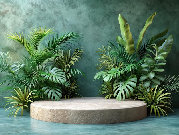 Natures voetstuk strak podium tegen jungle-achtergrond met Monstera 3D Render voor biologische productpresentatie