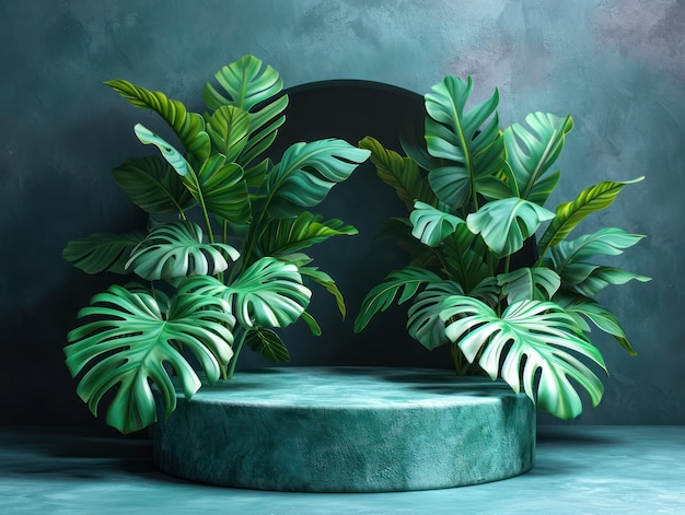 Natures voetstuk strak podium tegen jungle-achtergrond met Monstera 3D Render voor biologische productpresentatie