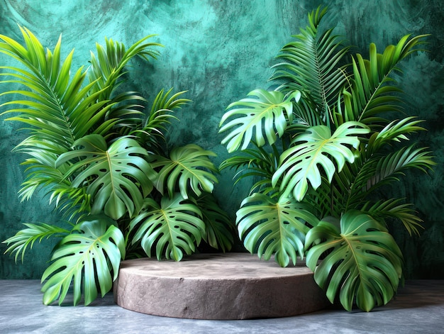 Natures voetstuk strak podium tegen jungle-achtergrond met Monstera 3D Render voor biologische productpresentatie