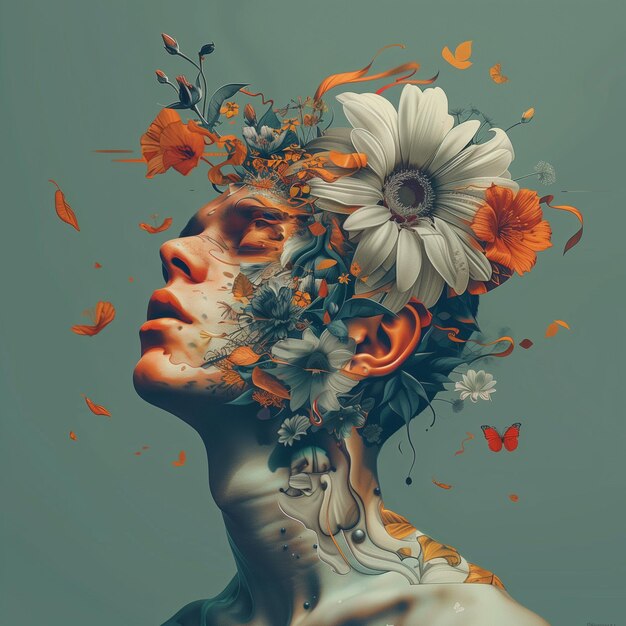 Naturess Breath Een surrealistisch portret van een man met bloemen en rook die in harmonie met elkaar verwikkeld zijn