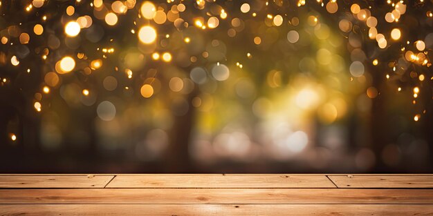 Foto tavolo di legno vuoto a tema naturale con sfondo bokeh ideale per esposizioni di prodotti