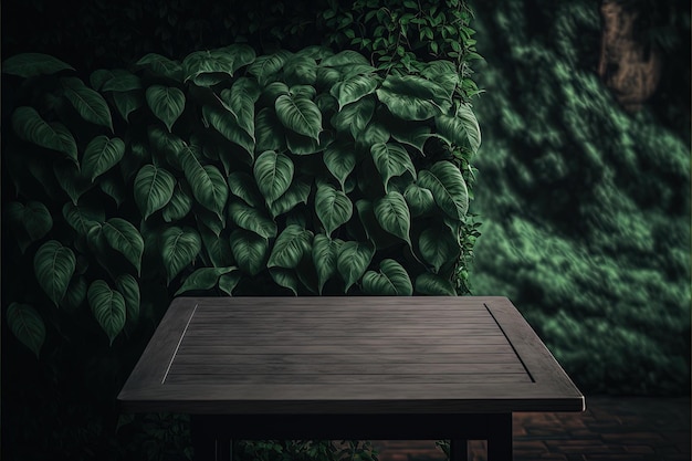 Natuur achtergrond en tafel hout voor product weergave sjabloon Lege houten tafel en zak tafelkleed over onscherpte groene boom in park tuin buiten met bokeh lichte achtergrond