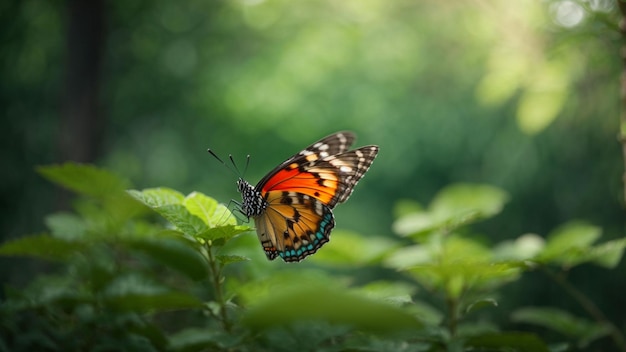 Natuur achtergrond met een prachtige vliegende vlinder met groen bos