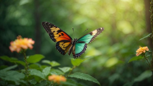 Natuur achtergrond met een prachtige vliegende vlinder met groen bos