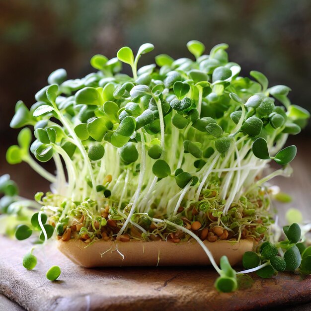 Natuur Bounty Juicy Green Alfalfa Microgreens versieren een rustieke tafel