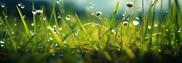 Natuur canvas smaragd weide blauwe lucht en bokeh van groen gras