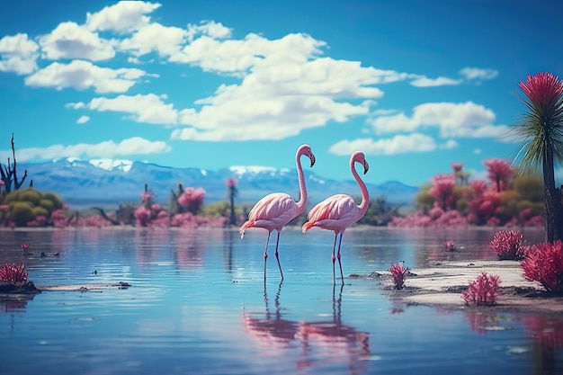 Natuur elegantie Groep roze Afrikaanse flamingo's lopen Blue Lagoon Wildlife spektakel Generatieve AI