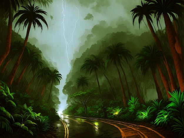 Natuur en landschap groen bos met wandelweg en lucht voor cartoon achtergrond Ai gegenereerd