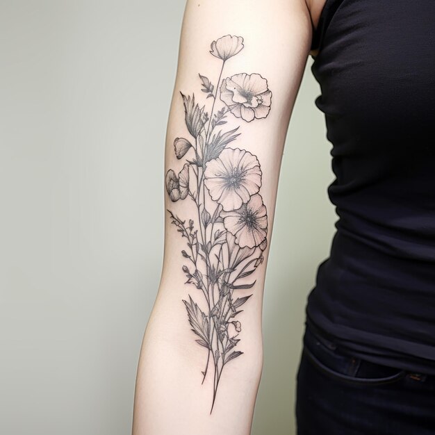 Natuur geïnspireerde zwarte en witte bloem tatoeage met grafiet schets stijl