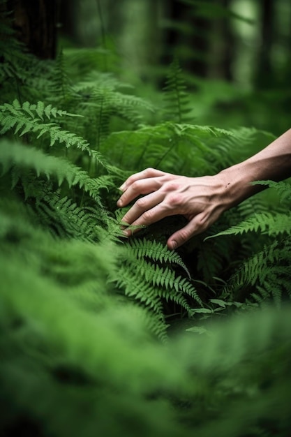 Natuur groen en handen in het bos aanraken van een plant of struik buiten gemaakt met generatieve ai