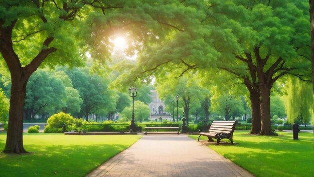 Natuur in een prachtige stedelijke stadspark bank met groene bomen Ai gegenereerd