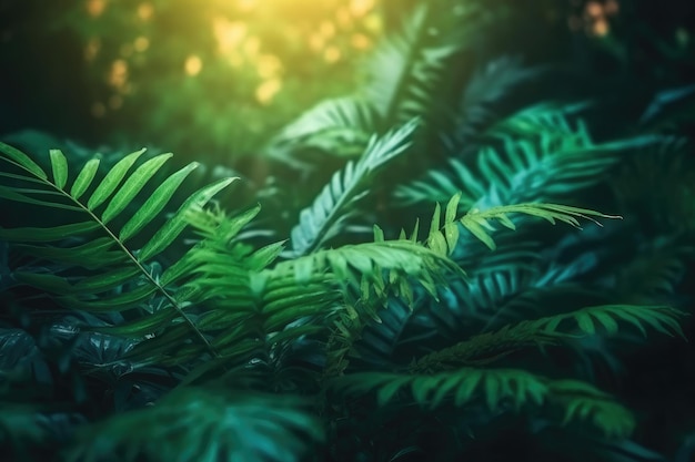 Natuur laat groene tropische bos achtergrond fotorealistische cinematische verlichting Generatieve AI