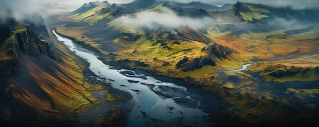 Natuur landschap panorama bergen IJslandse valleien met een rivier Generatieve ai