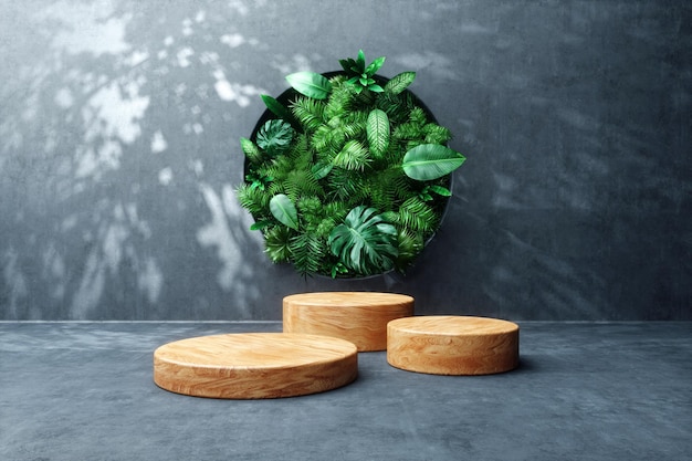 Foto natuur minimaal concept betonnen ronde frame met tropische bladeren binnen houten podium botanisch