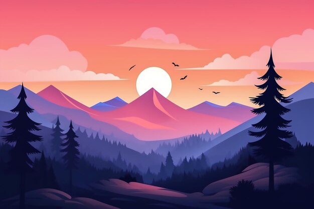 Natuur plat ontwerp Prachtig uitzicht op de zonsondergang met bos en bergen in de natuurillustratie