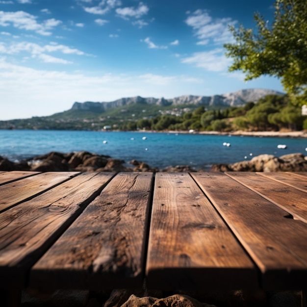 Natuur podium Vervaagde zee eiland achtergrond frames houten tafel onder azuurblauwe lucht Voor Social Media Post