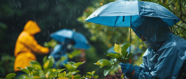 Natuur Schild Vrijwilligers met milieu paraplu's opruimen Regenachtige EcoCleanup Scene