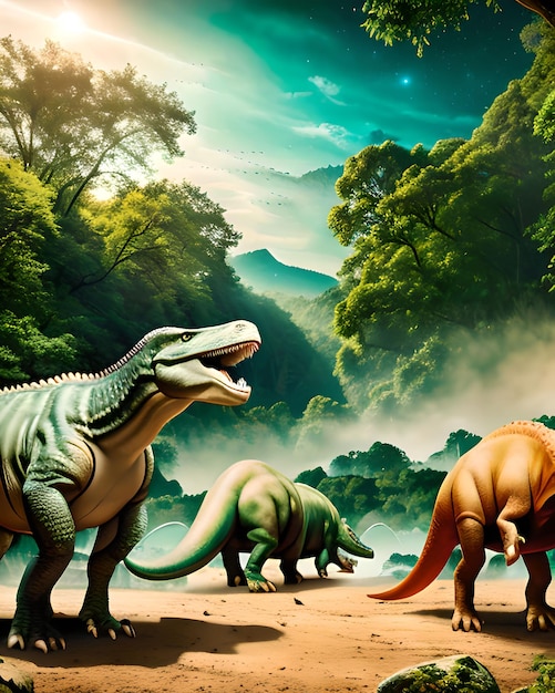 Natuurbeeld in het Mesozoïcum met dinosaurussen