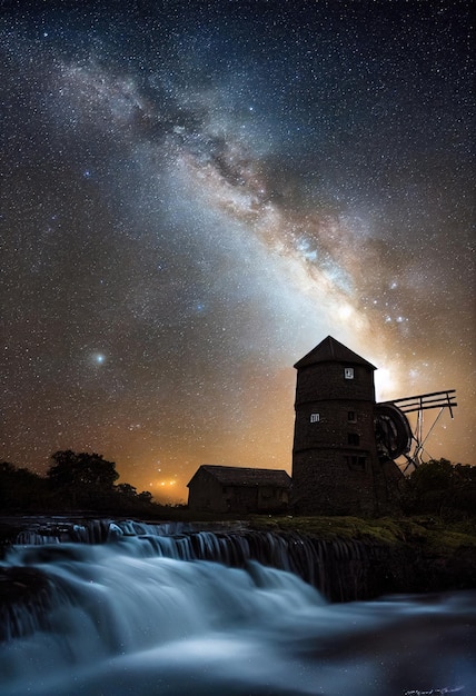 Natuurfotografie Een grote watermolen met de Melkweg boven 3D-stijlillustratie