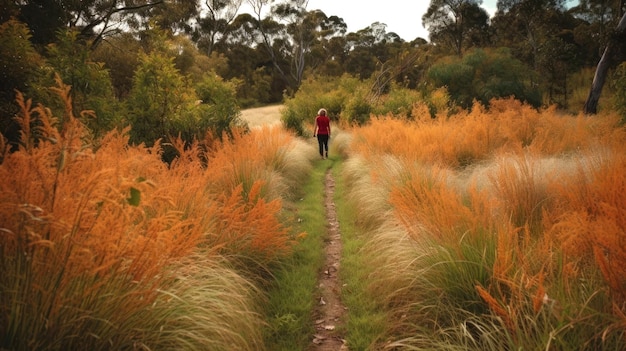 Natuurgebied wandelpad tussen dik hoog gras