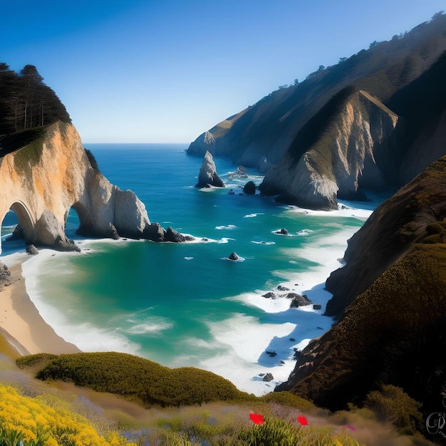 Natuurillustratie van de Big Sur-berg en het azuurblauwe strand