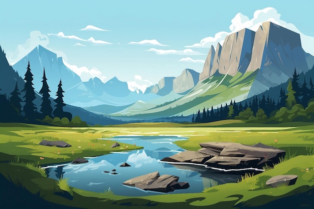 Natuurlandschap met bergen en rivierillustratie AI gegenereerd