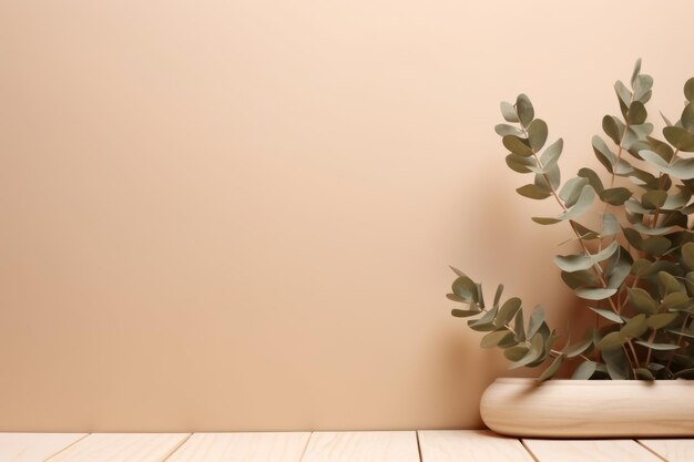 Foto natuurlijk beige houten podium met eucalyptus tak mockup sjabloon voor productpresentaties