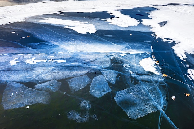 Natuurlijk blauw ijs op het meer. Mooie winterse achtergrond