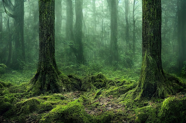 Natuurlijk bos overdag mist zorgt voor een mystieke sfeer