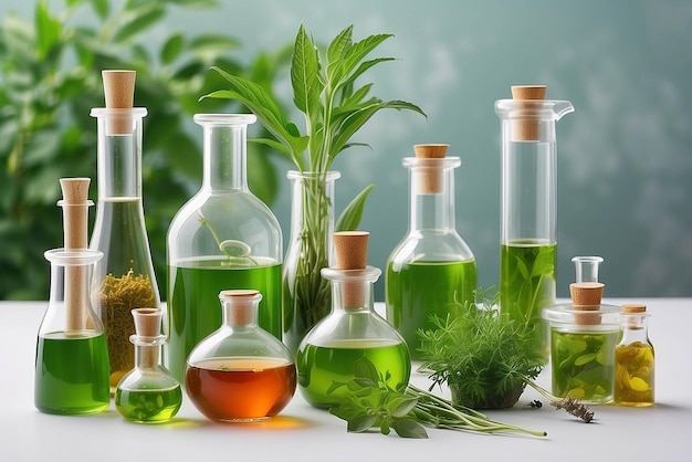 Natuurlijk geneesmiddelonderzoek Natuurlijke organische en wetenschappelijke extractie in glaswerk Alternatieve groene kruidenmedicine Natuurlijke schoonheidsproducten voor huidverzorging Laboratorium en ontwikkelingsconcept