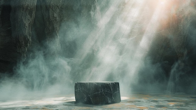 Natuurlijk gevormd zwart stenen podium vochtige grot omhuld in mist met licht