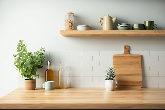 Natuurlijk houten tafelblad wazige muur en keukenplank