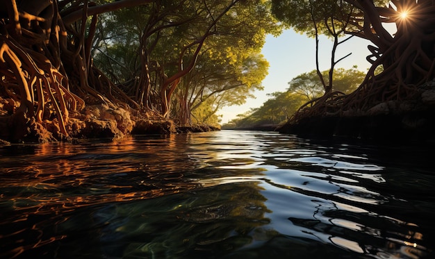 Natuurlijk landschap met helder water en bomen Selectieve zachte focus