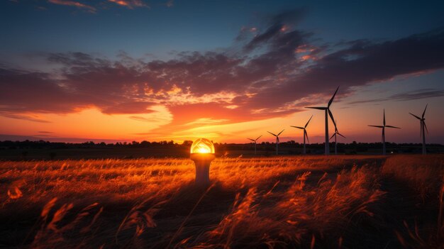 Foto natuurlijk landschap met windenergiepropellers op de achtergrond die schone energie opwekken