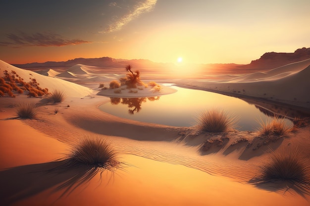 Foto natuurlijk landschap van duinen en woestijnzonsondergang met kalm water in meer in de woestijn